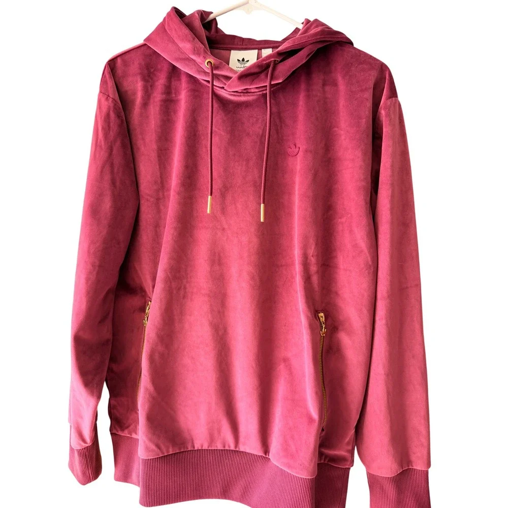 Adidas Velour Hoodie Small Maroon Trefoil Gold Zip Recycled Polyester